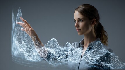 Businesswoman controlling deep learning graph on floating display