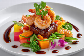 Gourmet food presentation featuring colorful arrangement of shrimp, vegetables, and sauce, creating appetizing and visually appealing dish. vibrant colors and textures evoke sense of culinary