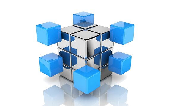Fototapeta 3D Blue Cubes with Chessboard Top – Abstract Modern Geometry and Conceptual Design teamwork business concept - cube assembling from blocks. 