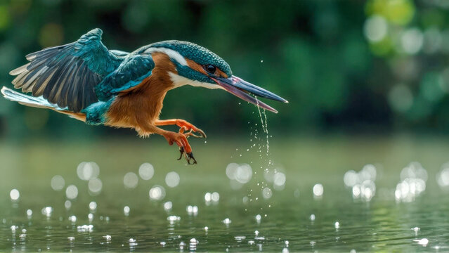 Nature’s precision on display—a kingfisher perches with its fresh catch on a wooden post, river flowing behind. Colorful plumage contrasts with a muted background. - Powered by Adobe
