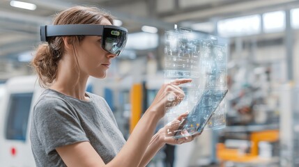 Businesswoman controlling machine learning simulation via AR tablet