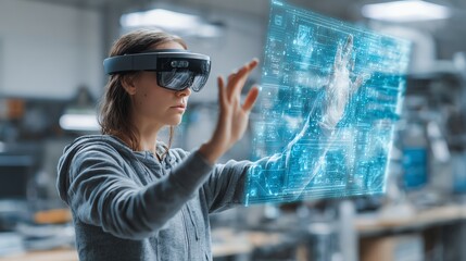 Businesswoman controlling machine learning simulation via AR tablet