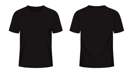 Two views of a plain black t-shirt, front and back, isolated on white.