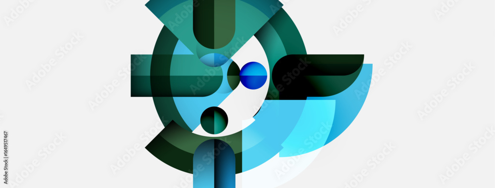 Poster abstract geometric shapes, teal and blue hues, overlapping forms create dynamic composition. minimal