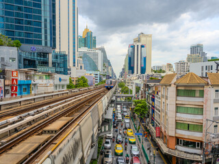 Train at NANA BTS Station Sukhumvit Rd BKK BTS Bangkok Mass Transit System Sky train which is an...