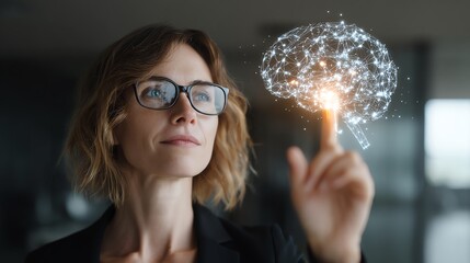 Businesswoman using AI interface showing brain-shaped digital neural network overlay