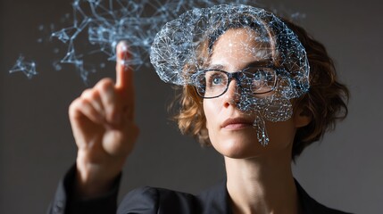 Businesswoman using AI interface showing brain-shaped digital neural network overlay
