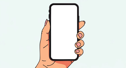 A hand holds a smartphone with a blank white screen against a light background.