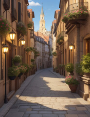 Obraz premium Sunny European Alley with a Towering Spire in the Distance