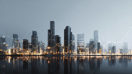 Fototapeta premium City skyline overlaid with inflation rate data and economic indicators.