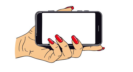 A hand with red nails holding a blank smartphone screen.