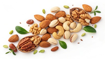 Assortment of healthy nuts and leaves isolated on white background