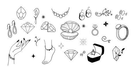 Jewelry design line art set,Cute jewelry background design set,Design element for jewelry,neck less,ring,earring Hand drawn icon illustration. pearl and bg decoration collection. 