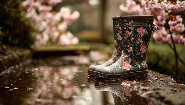 Floral rain boots, reflections in puddle - Powered by Adobe