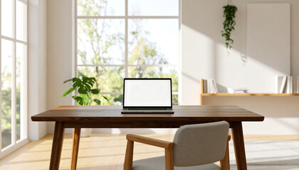 Fototapeta premium Modern Home Office with Laptop and Window View.