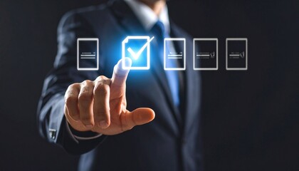 A scene where a man in a suit selects from a virtual checklist floating in the air