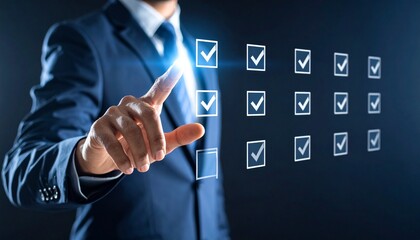 A scene where a man in a suit selects from a virtual checklist floating in the air