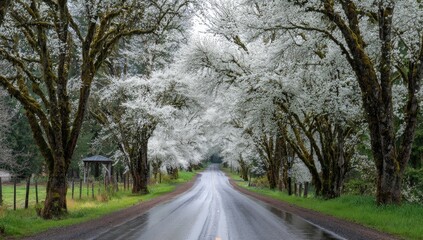 Fototapeta premium A wet road lined with blossoming trees