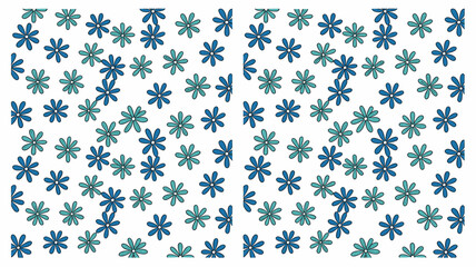 A charming and whimsical pattern featuring scattered blue and teal daisy like flowers with black outlines on a clean white background