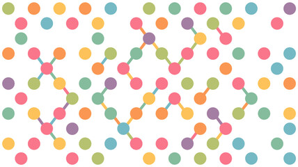 Abstract pattern of colorful connected dots and scattered circles on a white background representing data or network connections