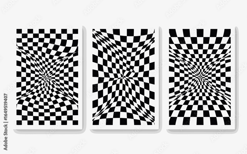 Poster three abstract black and white checkered patterns with a distorted optical illusion effect creating 