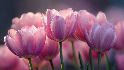Fototapeta premium Soft pink tulips in a sunlit garden