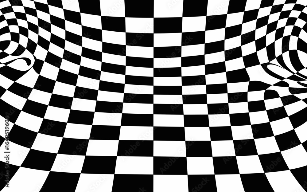 Poster abstract black and white checkered pattern with a warped and distorted optical illusion effect creat