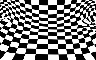 Fototapeta premium Abstract black and white checkered pattern with a warped and distorted optical illusion effect creating a sense of depth