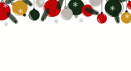 Festive Christmas ornaments and pine branches border a white background.