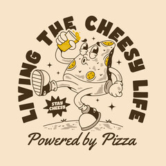 Funny Cheesy Pizza Character with Retro Cartoon Style Artwork