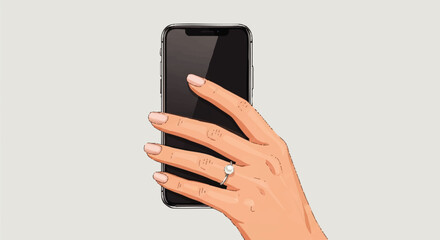 Woman's hand displays engagement ring while holding smartphone.
