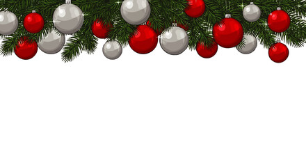 Festive Christmas garland featuring red and silver ornaments, green branches, and a white background.