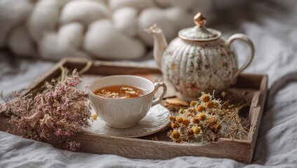 Cozy tea tray with floral accents.  A delicate teacup and ornate teapot sit on a wooden tray, adorned with dried flowers.  Soft, muted colors and textures create a serene atmosphere