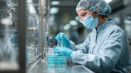 Medium view of a genetherapy manufacturing worker sanitizing hands before entering an ISO7 suite highlighting hygiene protocols in biotech facilities.