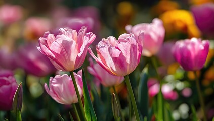 Fototapeta premium Delicate pink tulips in bloom. Sunlight highlights the ruffled petals of several blossoms amidst a bed of tulips in various shades of pink and purple