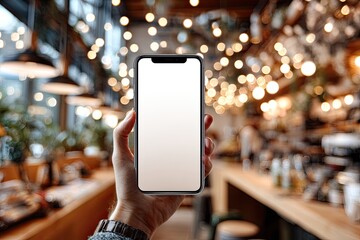 Hand holding phone in cafe. Blurred background of restaurant interior with string lights
