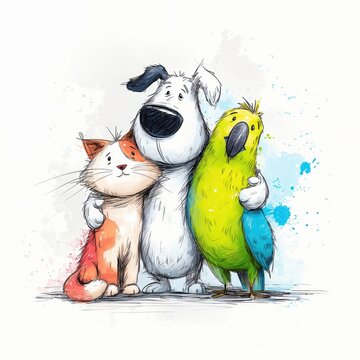 Dibujo de un gato, un perro y un loro abraz&aacute;ndose.