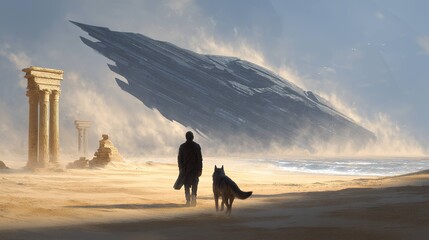 Man and dog on desert beach with ancient ruins and mysterious object