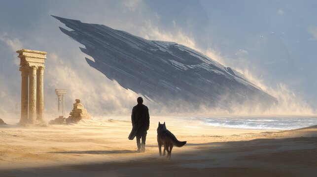 Man and dog on desert beach with ancient ruins and mysterious object