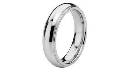 Fototapeta premium Simple elegant polished silver wedding band ring against black background