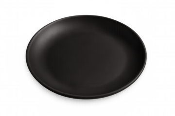 Black ceramic plate lying flat with clean edges, highlighting gourmet dishes against transparent backdrop for professional food styling and presentation