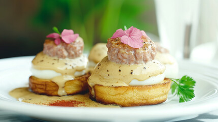 Exquisite gourmet eggs royale with rich hollandaise sauce. Delicious breakfast or brunch experience.