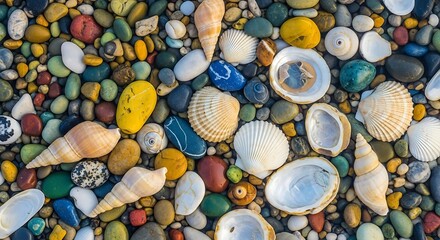 Seashells and pebbles beach stones colorful shells ocean coast nature summer vacation background texture 100 national beach day