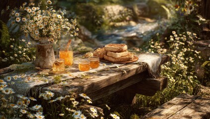 Obraz premium Rustic picnic table laden with treats and flowers. Sunlight filters through trees in a lush forest setting. 