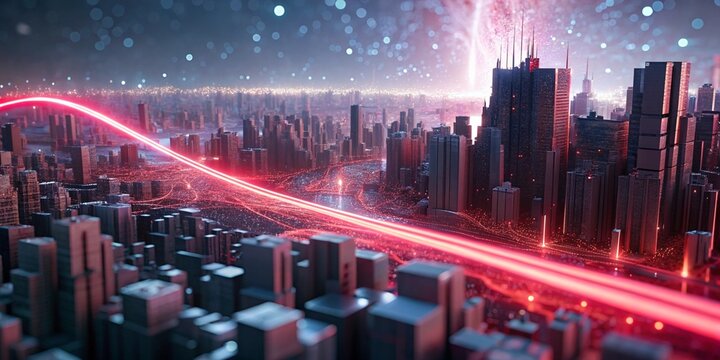 Aerial view of futuristic city with glowing red lines and dark buildings under a starry sky abstract background. 3d render