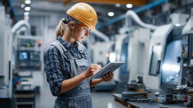 Female engineer in helmet reviewing blueprints on digital tablet beside CNC machines on the shop floor