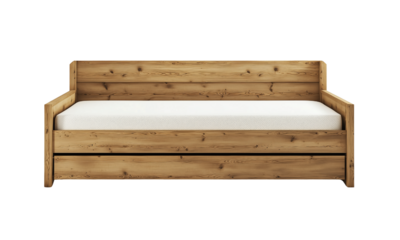 Stylish wooden daybed design modern bedroom furniture display cozy environment eye-level view contemporary concept