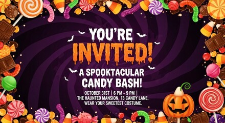 Get ready for a spooktacular candy bash invitation with bats, pumpkins, and lots of sweets!