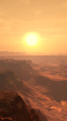 Dramatic view of a Mars-like canyon at sunset. Deep gorges bathed in warm, extraterrestrial light.