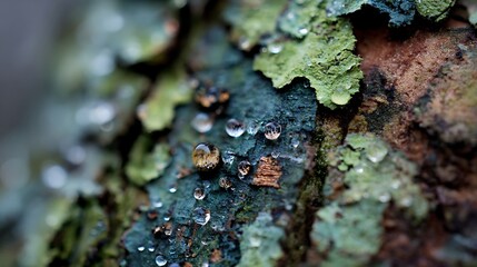 Detailed view of tree bark covered in lichen and glistening water droplets. © grafixcareer